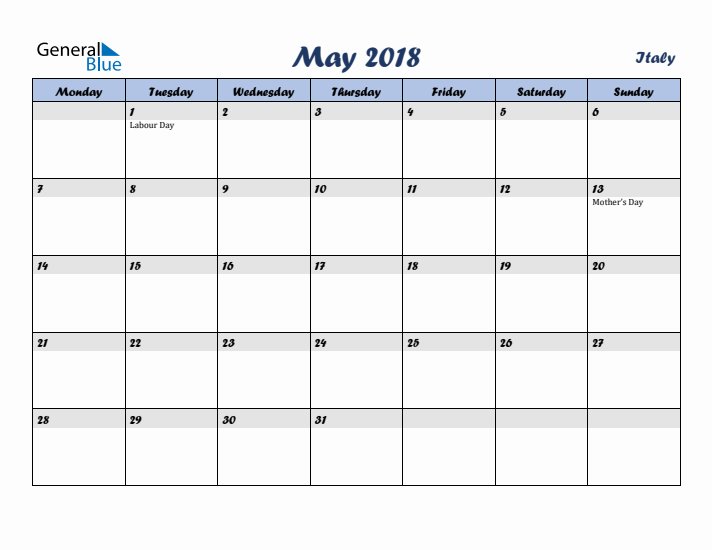 May 2018 Calendar with Holidays in Italy