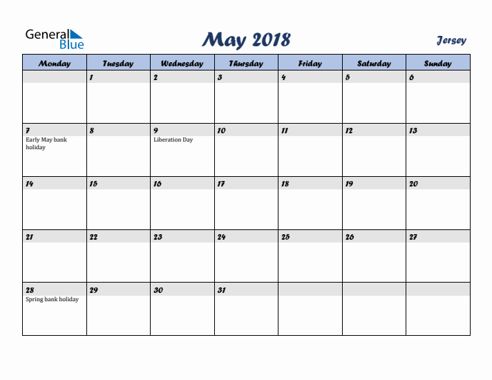 May 2018 Calendar with Holidays in Jersey