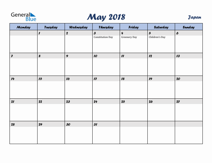 May 2018 Calendar with Holidays in Japan