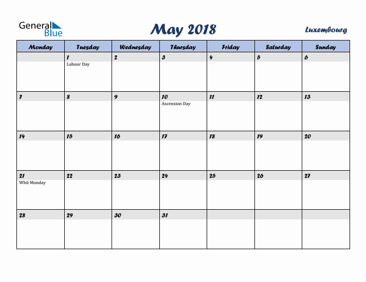 May 2018 Calendar with Holidays in Luxembourg