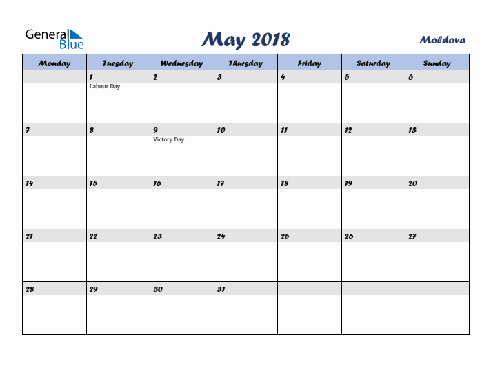 May 2018 Calendar with Holidays in Moldova