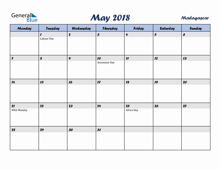 May 2018 Calendar with Holidays in Madagascar