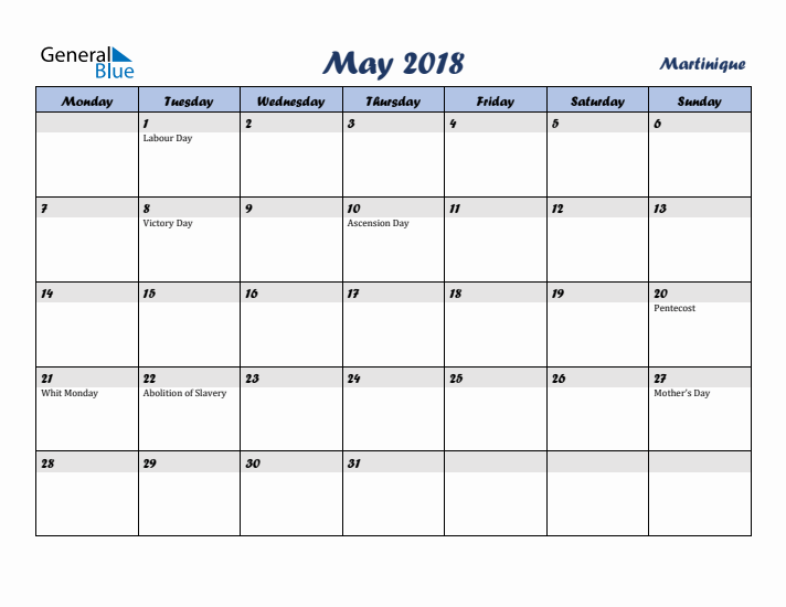 May 2018 Calendar with Holidays in Martinique