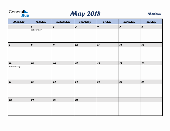 May 2018 Calendar with Holidays in Malawi