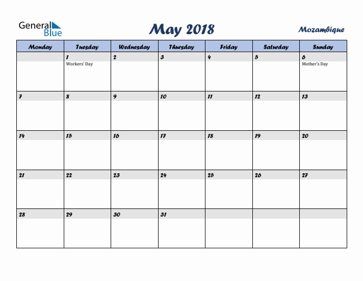 May 2018 Calendar with Holidays in Mozambique