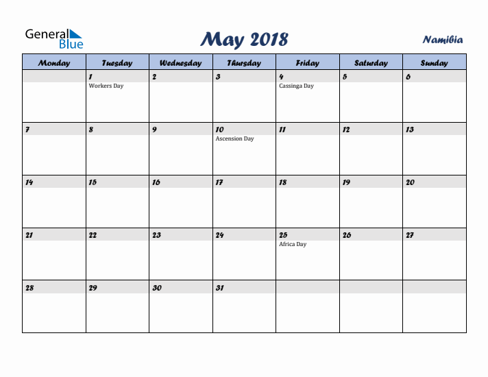 May 2018 Calendar with Holidays in Namibia