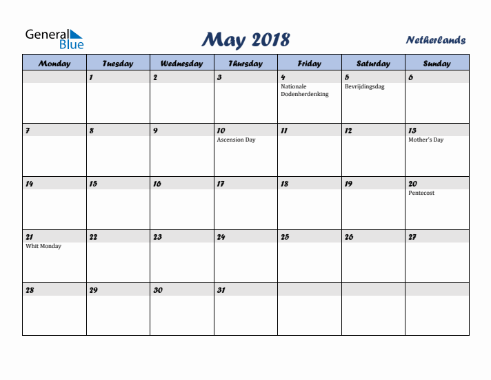 May 2018 Calendar with Holidays in The Netherlands
