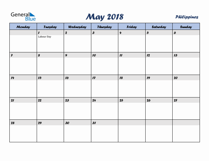 May 2018 Calendar with Holidays in Philippines