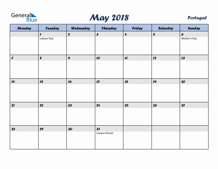 May 2018 Calendar with Holidays in Portugal