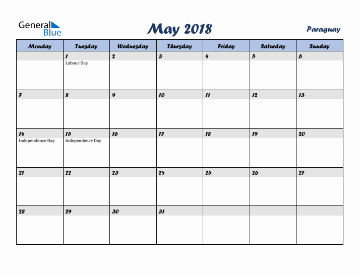 May 2018 Calendar with Holidays in Paraguay