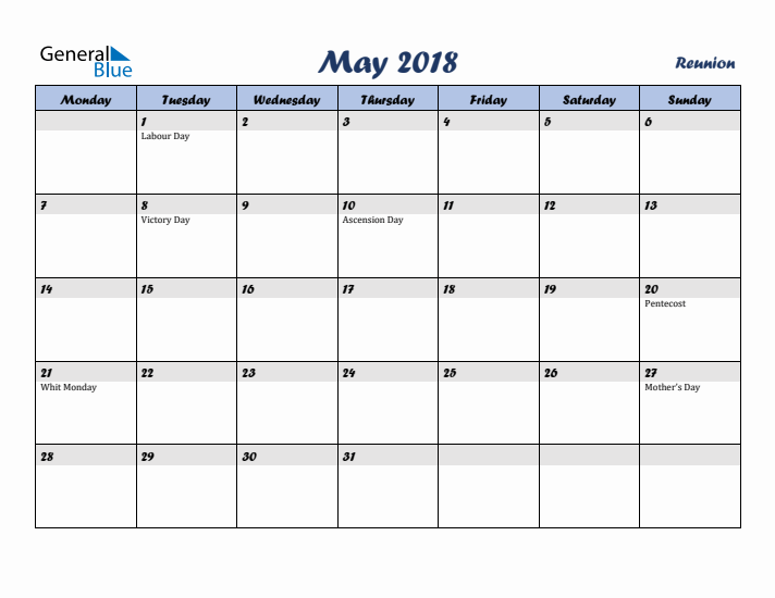 May 2018 Calendar with Holidays in Reunion