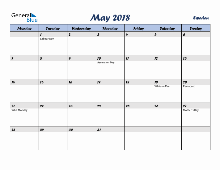 May 2018 Calendar with Holidays in Sweden