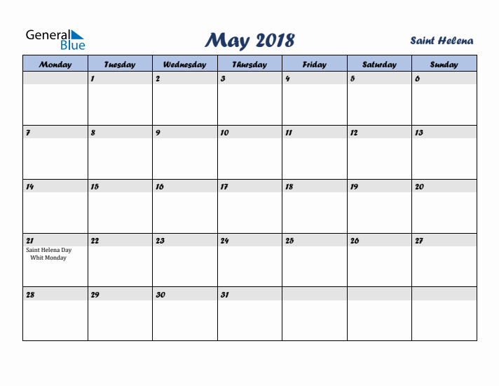 May 2018 Calendar with Holidays in Saint Helena