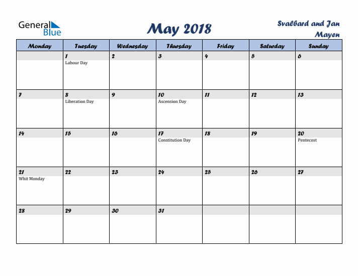 May 2018 Calendar with Holidays in Svalbard and Jan Mayen