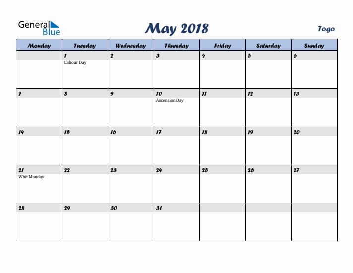May 2018 Calendar with Holidays in Togo