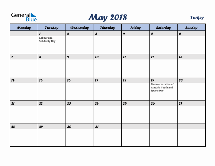 May 2018 Calendar with Holidays in Turkey