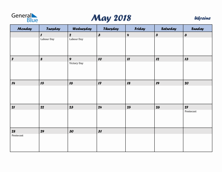 May 2018 Calendar with Holidays in Ukraine