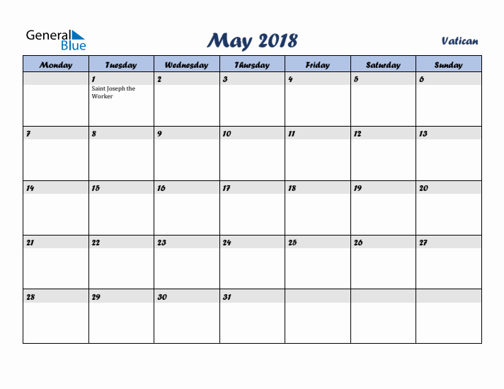 May 2018 Calendar with Holidays in Vatican