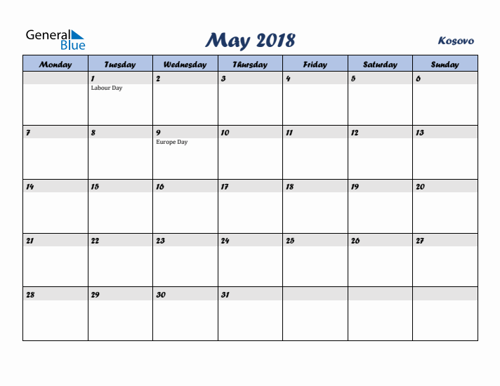 May 2018 Calendar with Holidays in Kosovo