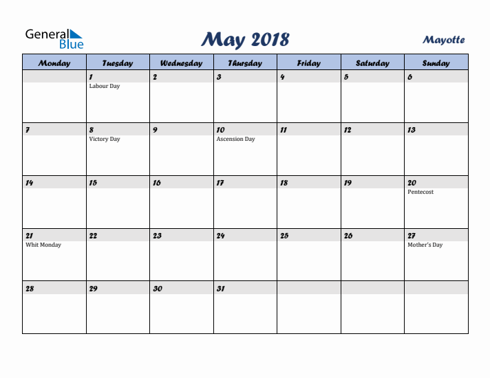May 2018 Calendar with Holidays in Mayotte