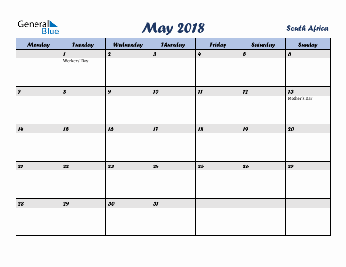 May 2018 Calendar with Holidays in South Africa