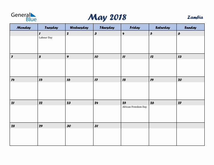 May 2018 Calendar with Holidays in Zambia