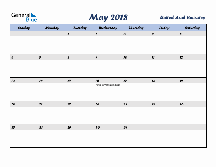 May 2018 Calendar with Holidays in United Arab Emirates