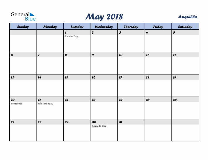 May 2018 Calendar with Holidays in Anguilla