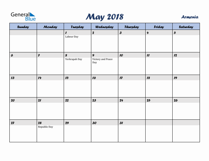 May 2018 Calendar with Holidays in Armenia