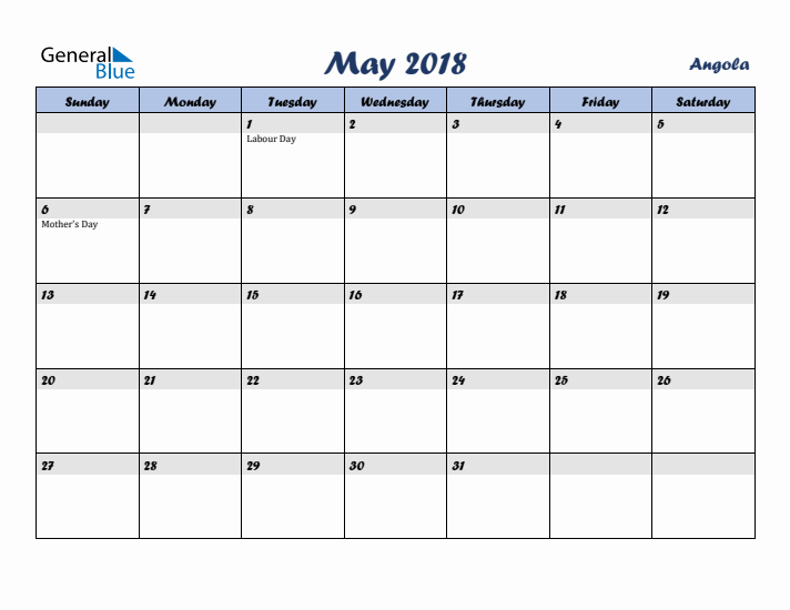 May 2018 Calendar with Holidays in Angola