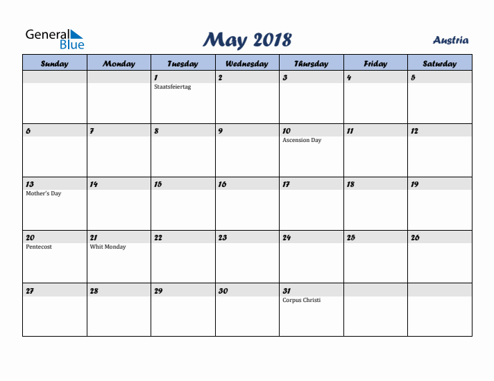 May 2018 Calendar with Holidays in Austria
