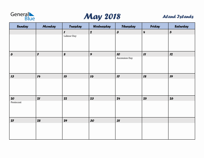 May 2018 Calendar with Holidays in Aland Islands