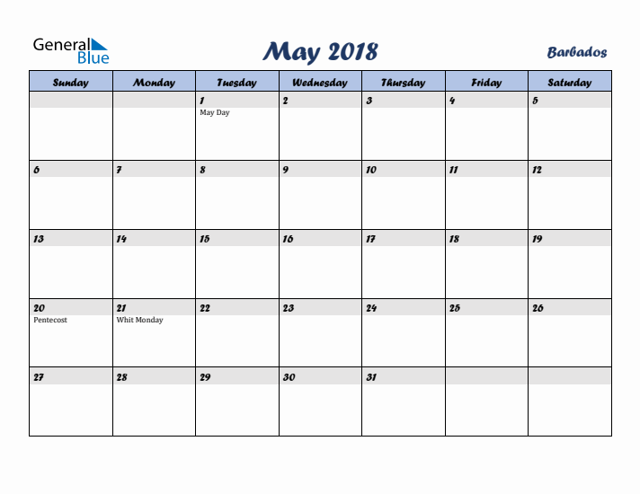 May 2018 Calendar with Holidays in Barbados