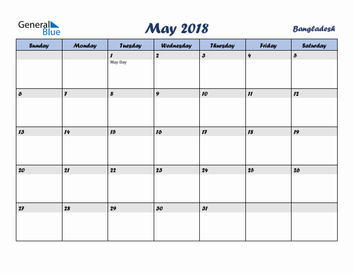 May 2018 Calendar with Holidays in Bangladesh