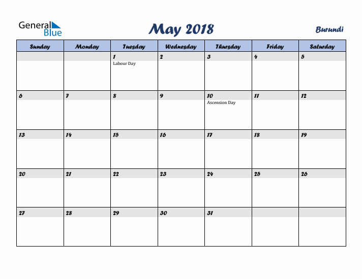 May 2018 Calendar with Holidays in Burundi