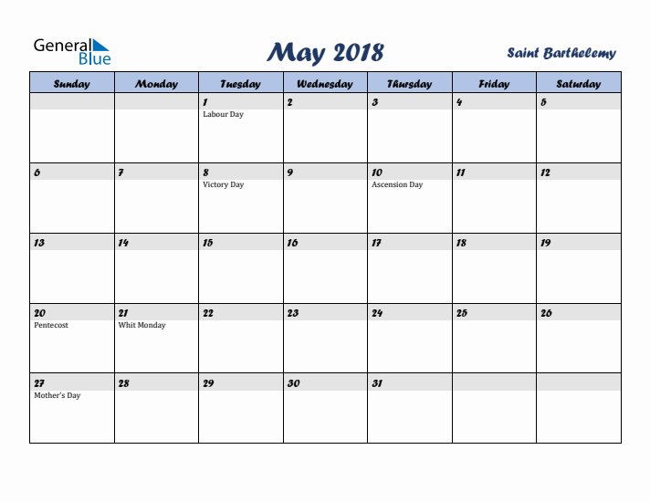 May 2018 Calendar with Holidays in Saint Barthelemy