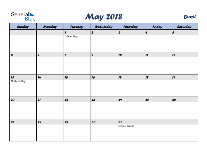 May 2018 Calendar with Holidays in Brazil