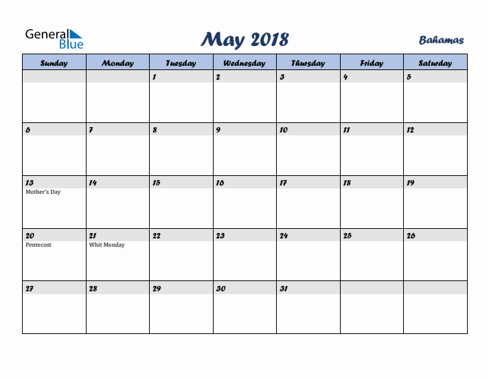 May 2018 Calendar with Holidays in Bahamas