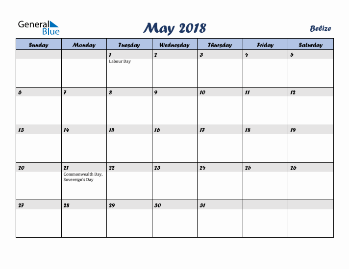 May 2018 Calendar with Holidays in Belize