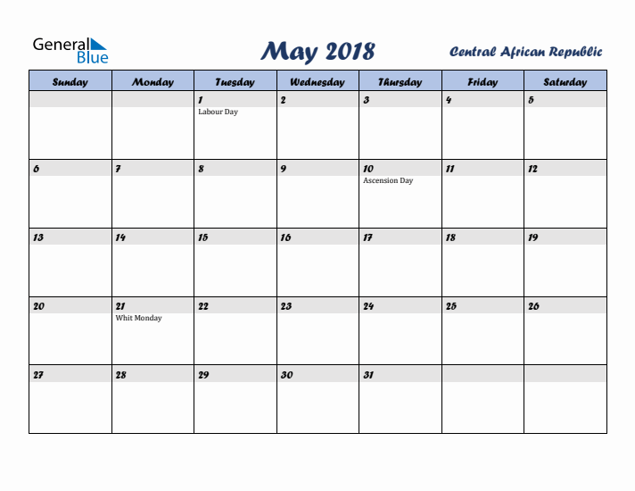 May 2018 Calendar with Holidays in Central African Republic