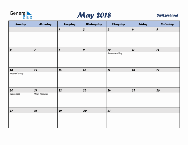 May 2018 Calendar with Holidays in Switzerland