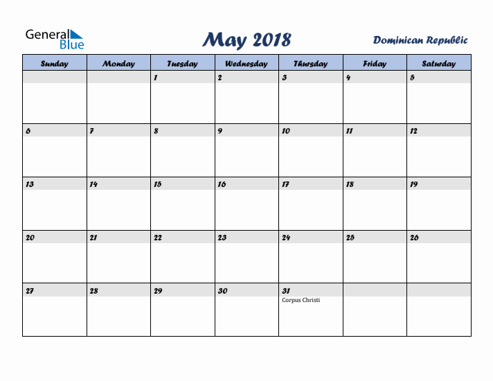 May 2018 Calendar with Holidays in Dominican Republic