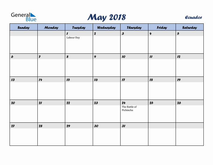 May 2018 Calendar with Holidays in Ecuador