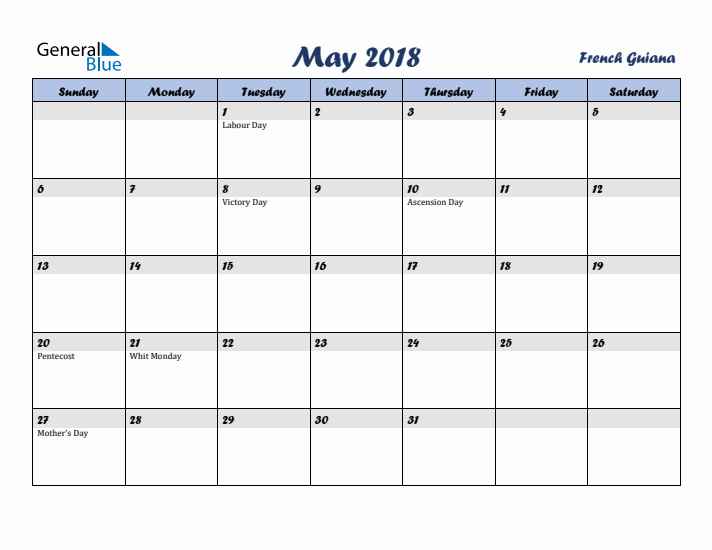 May 2018 Calendar with Holidays in French Guiana