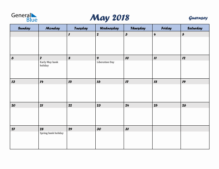 May 2018 Calendar with Holidays in Guernsey