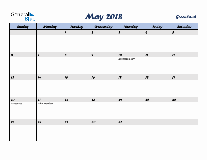 May 2018 Calendar with Holidays in Greenland