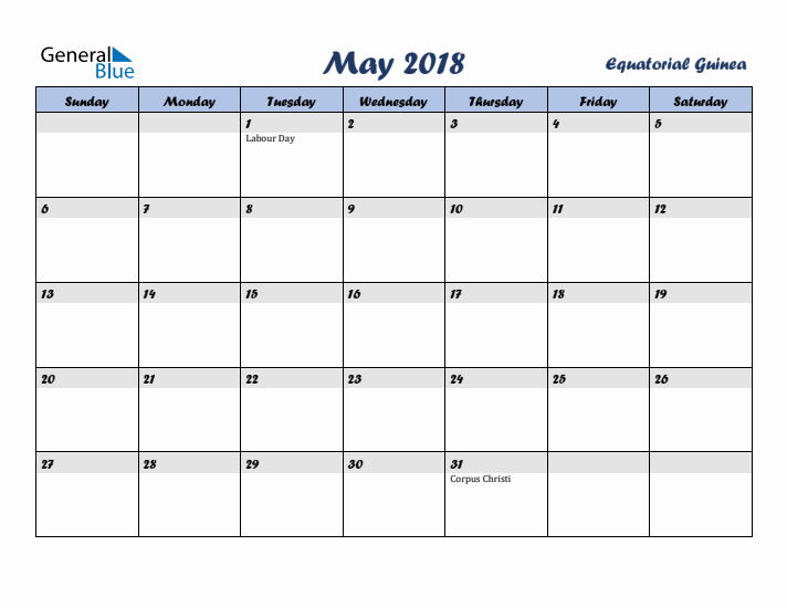 May 2018 Calendar with Holidays in Equatorial Guinea