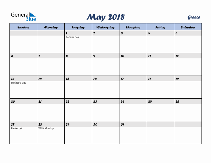 May 2018 Calendar with Holidays in Greece