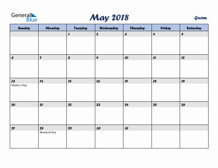 May 2018 Calendar with Holidays in Guam