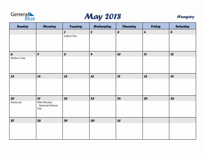 May 2018 Calendar with Holidays in Hungary
